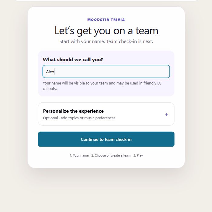 MoodStir Trivia guest check-in screen