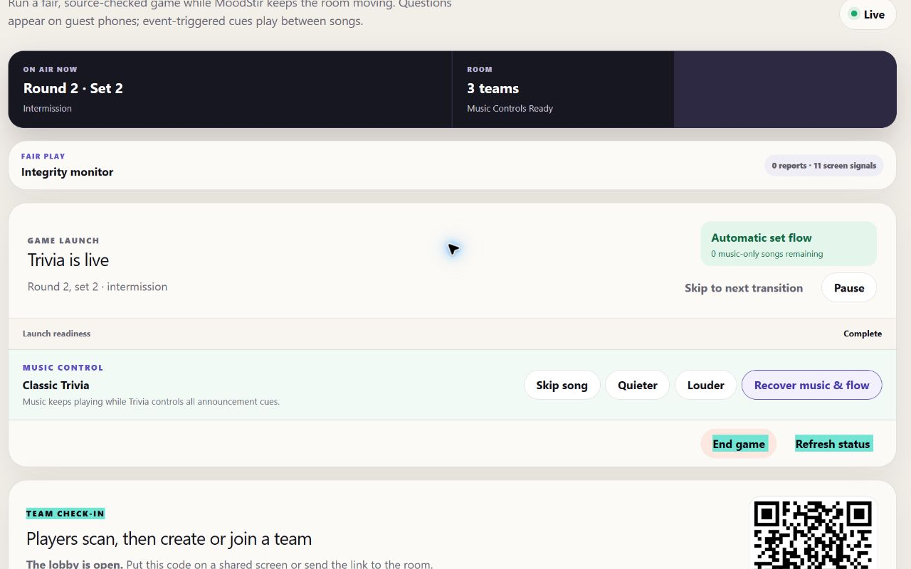 Live MoodStir Trivia host controls