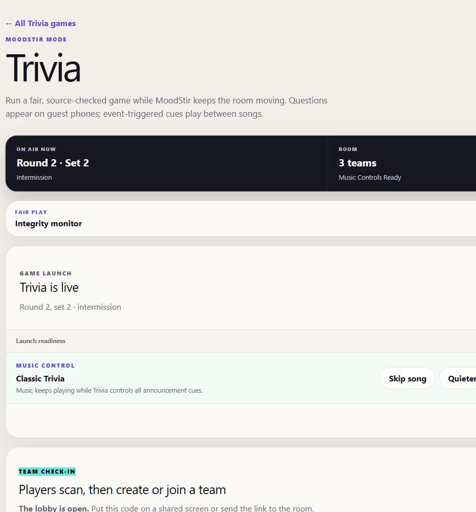 MoodStir Trivia question review and verification controls