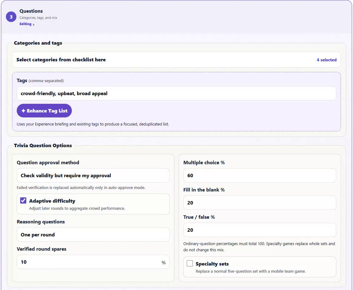 Expanded MoodStir question setup showing tags, approval settings, adaptive difficulty, and multiple-choice, fill-in-the-blank and true-or-false percentages